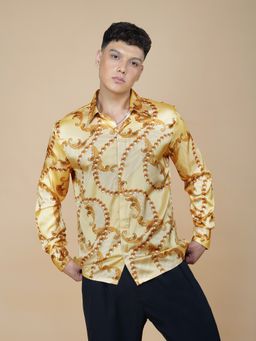 CLUBHAVANA - Men Cream Gilded Baroque Satin Graphic Printed Shirt