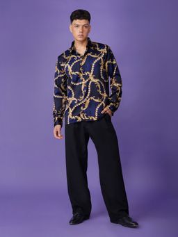 CLUBHAVANA - Men Blue Baroque Royale Satin Graphic Printed Shirt