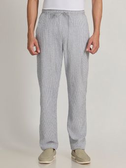 Espanshe - Men Grey Polyester Blend Stripes Straight Trouser