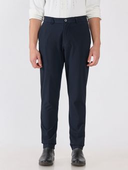 Espanshe - Men Navy Blue Polyester Blend Solid Slim Trouser