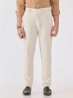 Espanshe - Men Cream Polyester Blend Solid Slim Trouser