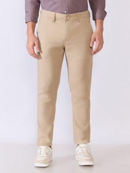 Espanshe - Men Beige Cotton Blend Solid Slim Trouser