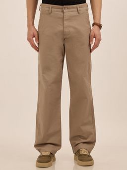 Espanshe - Men Beige Cotton Blend Solid Wide Trouser