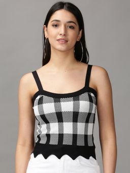 SHOWOFFFF - Womens Shoulder Straps Fitted Checked Black Top