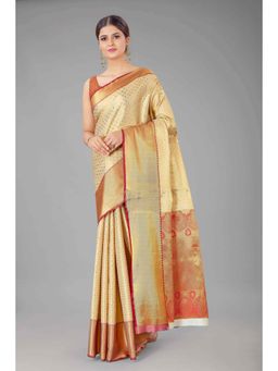 Silk Land - Pure Kanjeevaram Woven Beige & Gold Saree with Unstitched