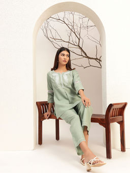 Bani Women - Green Color with Embroidery Round Neck Caual Tunic with Trouser Co-Ord Set Of 2