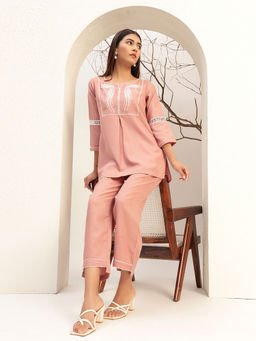 Bani Women - Pink Color with Embroidery Round Neck Caual Tunic with Trouser Co-Ord Set Of 2