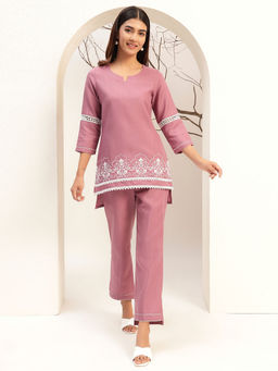 Bani Women - Purple Color with Embroidery Round Neck Caual Tunic with Trouser Co-Ord Set Of 2