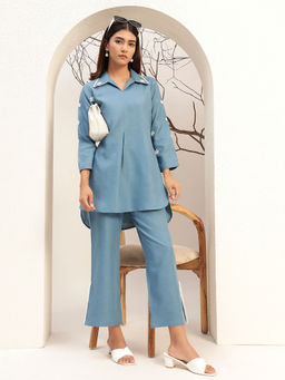 Bani Women - Blue Color with Collar Neck Caual Tunic with Trouser Co-Ord Set Of 2