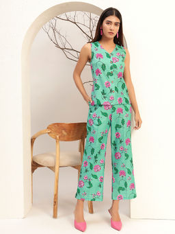 Bani Women - Green Printed with V-Neck Caual Tunic with Trouser Co-Ord Set Of 2