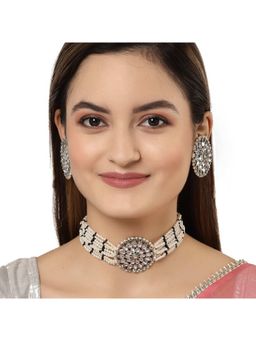 Karatcart - Oxidised Silver Black and White Kundan Choker Necklace Setfor Women (Set of 2)
