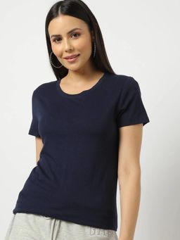 GAP - Women'S Navy Blue Cotton Blend Round Neck Plain Relaxed Fit T-Shirt