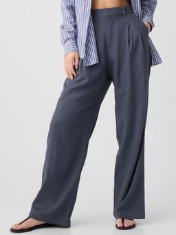 GAP - Women Blue Linen Plain Relaxed Fit Pant