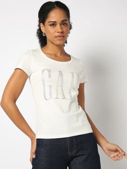 GAP - Women'S White Knitted Round Neck Typography Regular Fit T-Shirt