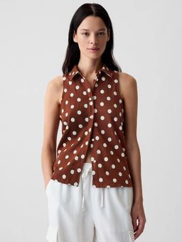 GAP - Women's Polka Dots Spread Collar Brown Top