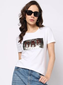 GAP - Women'S White Knitted Round Neck Embellished Regular Fit T-Shirt