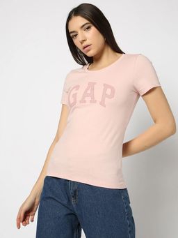 GAP - Women'S Pink Cotton Blend Round Neck Typography Slim Fit T-Shirt