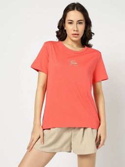GAP - Women'S Orange Cotton Round Neck Typography Relaxed Fit T-Shirt