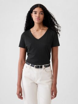 GAP - Women'S Black Cotton V-Neck Plain Regular Fit T-Shirt