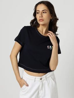 GAP - Women'S Navy Blue Cotton Round Neck Typography Relaxed Fit T-Shirt