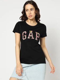 GAP - Women'S Black Cotton Round Neck Typography Slim Fit T-Shirt