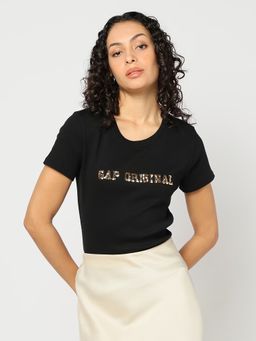 GAP - Women'S Black Cotton Round Neck Typography Slim Fit T-Shirt