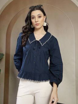 Gipsy - Peter Pan Collar Cotton Navy Blue Blouse Top