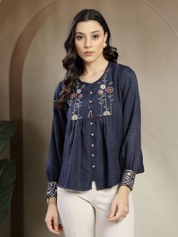Gipsy - Cuff and Yoke Embroidery Navy Blue Top