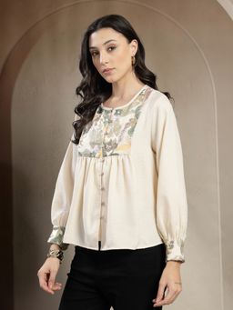 Gipsy - Cuff and Yoke Embroidery Beige Top