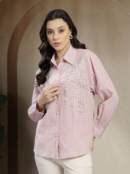 Gipsy - Cotton Stripe Embroidery Pink Shirt Top