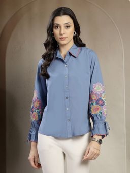 Gipsy - Cotton Colourful Embroidered Sleeves Blue Shirt