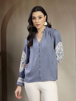 Gipsy - Embroidered Long Flounce Sleeves A-Line Blue Top