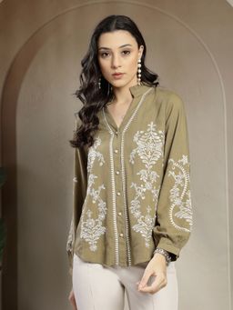 Gipsy - Embroidered Linen and Viscose Olive Top