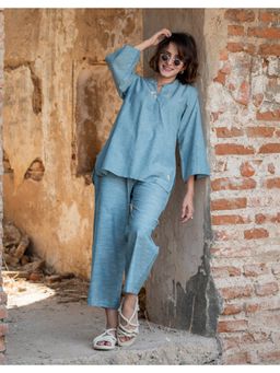 Babli - Women Blue Solid Mandarin Neck Co-ord Set