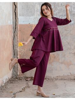 Babli - Women Wine Embroidered Co-ord Set