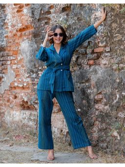 Babli - Women Blue Striped Notched Lapel Co-ord Set and Belt