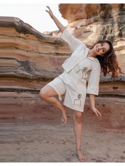 Babli - Women Cream Notched Lapel Embroidered Co-ord Set