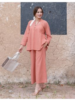 Babli - Women Peach Solid Mandarin Neck Co-ord Set