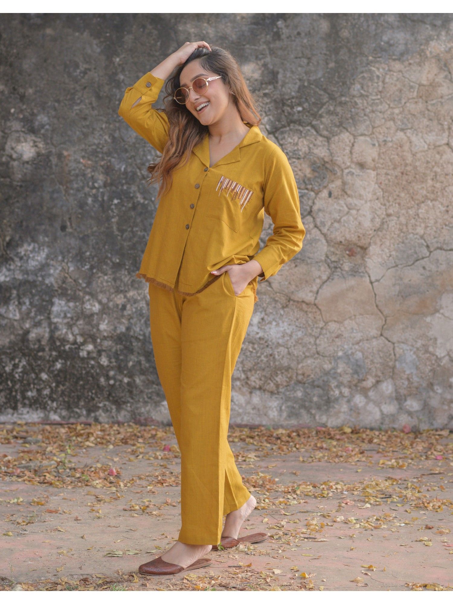 babli Women Yellow Notched Lapel Solid Co-ord Set-picture-11