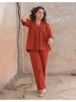 Babli - Women Rust Solid V-Neck Co-ord Set