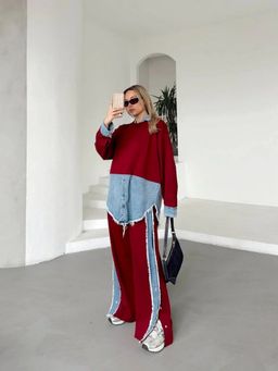 Loveable Creations By Muskan - Maroon Denim Trim Statement Co-Ord Sit