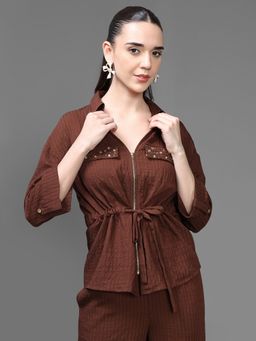 Kazo - Women Brown Solid Collar Neck Top