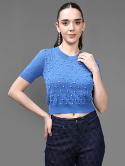 Kazo - Women Blue Embellished Crop Top