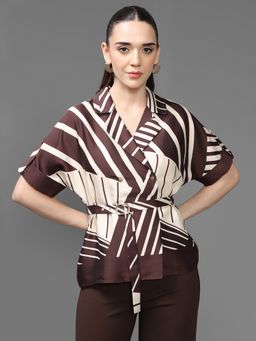 Kazo - Women Brown Geometric Printed Notched Lapel Top