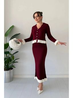 Loveable Creations By Muskan - Wine Merlot Ruffle Knit Top with Skirt