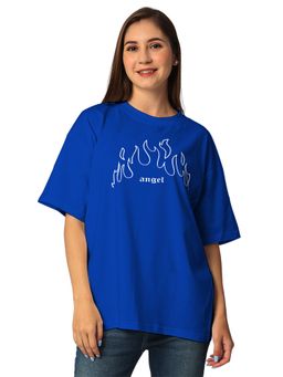 Status Mantra - Women Blue Cotton Typography Oversized Fit T-Shirts