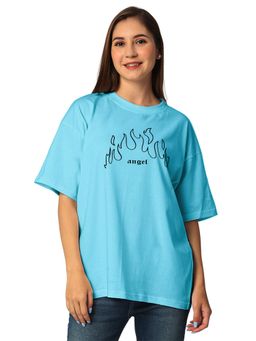 Status Mantra - Women's Blue Cotton Typography Oversized Fit T-Shirts