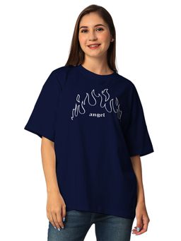 Status Mantra - Women Navy Blue Cotton Typography Oversized Fit T-Shirts