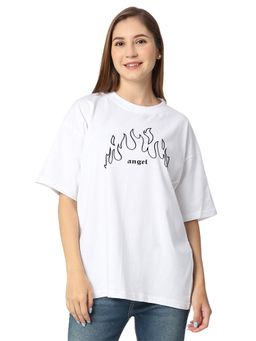 Status Mantra - Women White Cotton Typography Oversized Fit T-Shirts