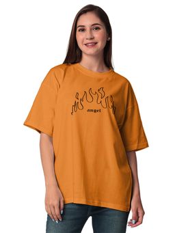 Status Mantra - Women Mustard Cotton Typography Oversized Fit T-Shirts